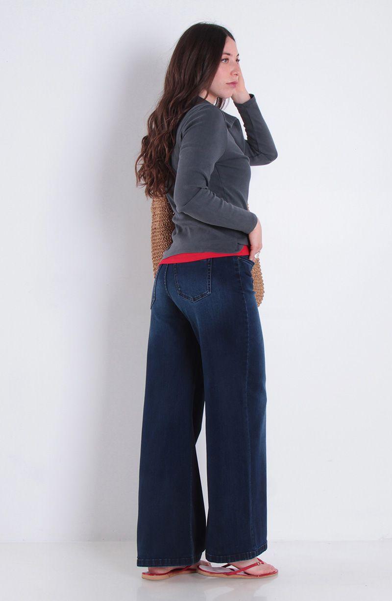 Jeans Wide Tiro Alto Pretina Basica Un Boton-9
