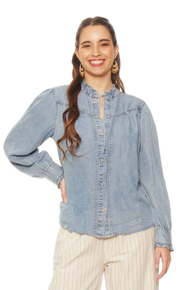 Blusa Manga  Larga  Lyocell Abotonada En Delantero-0
