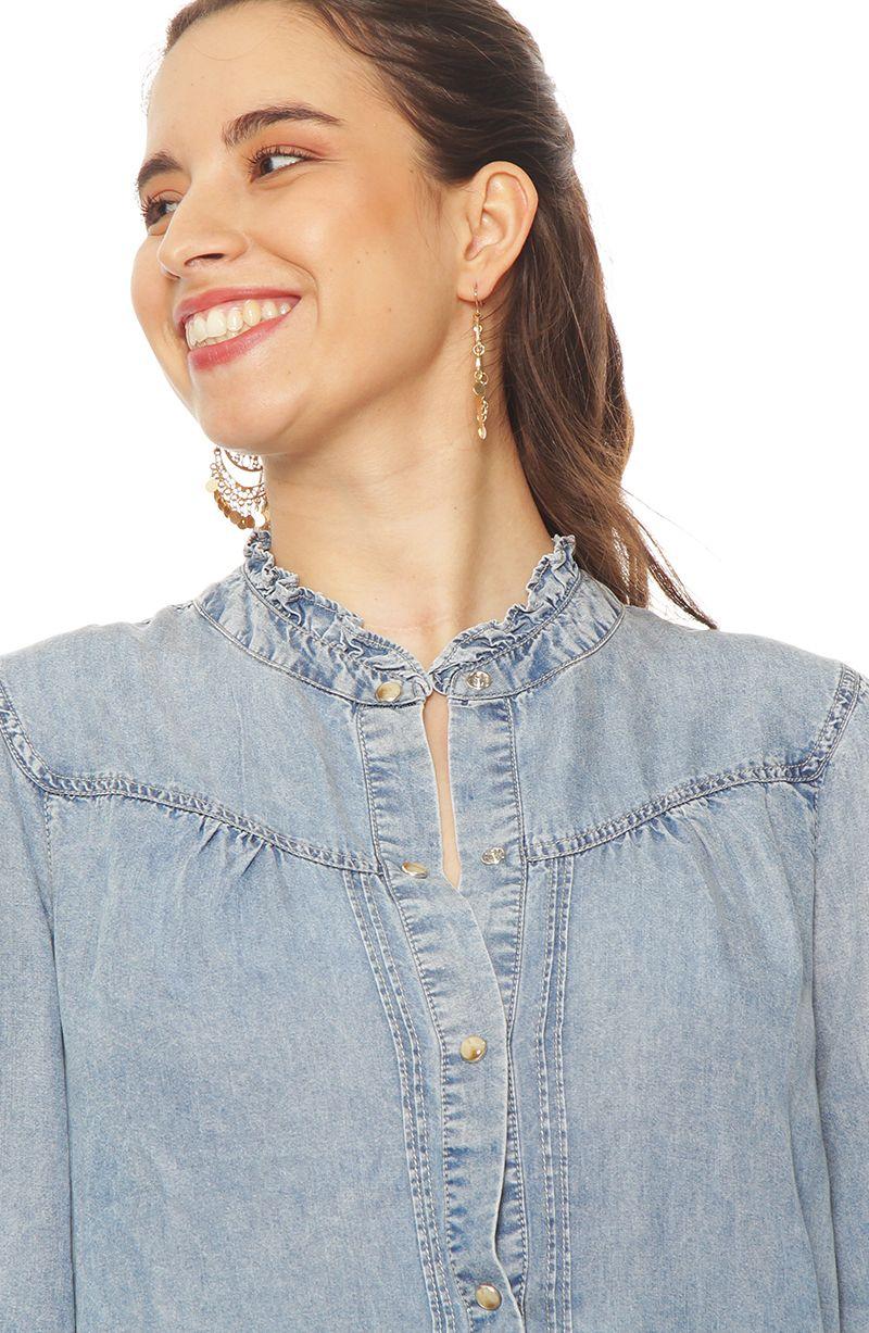 Blusa Manga  Larga  Lyocell Abotonada En Delantero-1