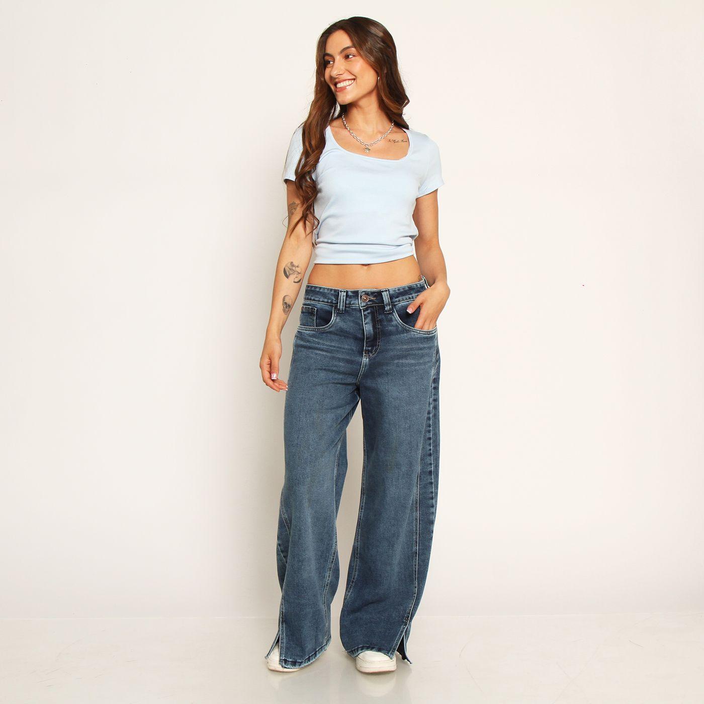 Jeans Wide Leg Tiro Alto Pretina Basica 1 Boton Basta Despegada-4