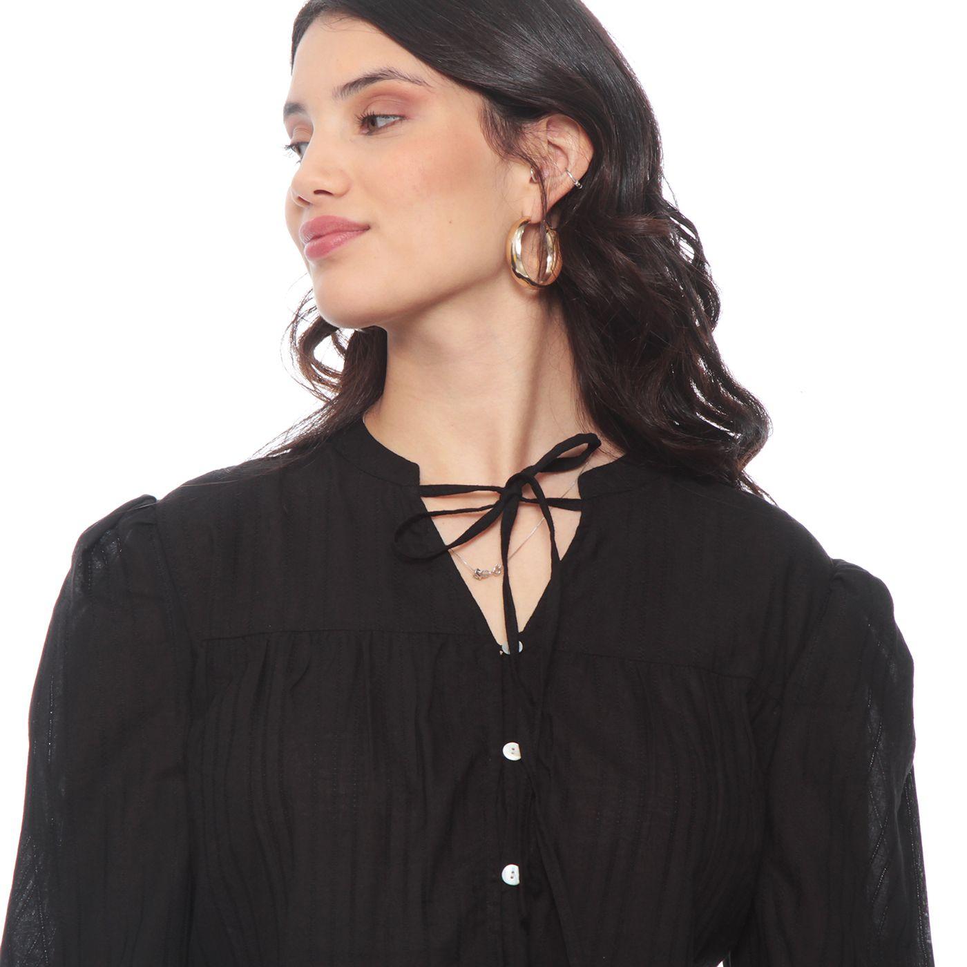 Blusa Manga Larga Solida Con Lazo En Delantero-2