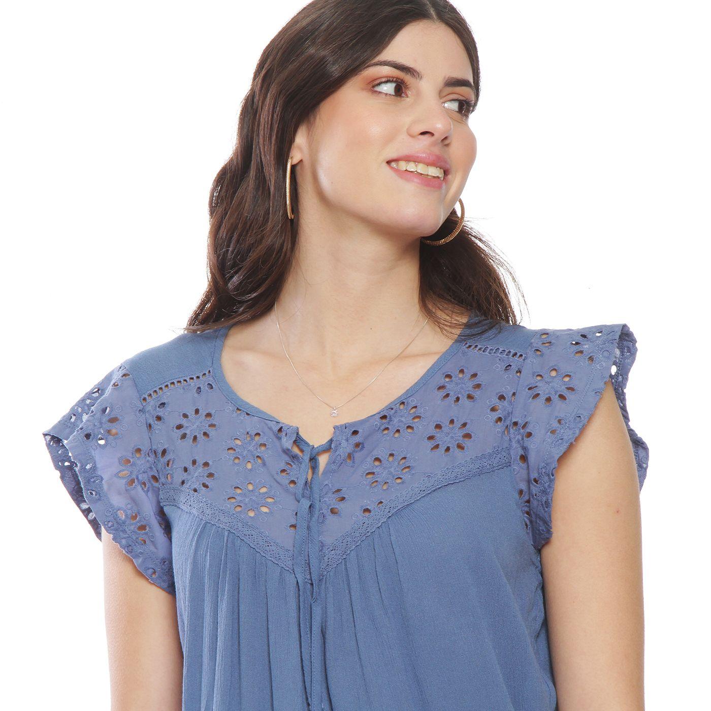 Blusa Manga Corta Con Brodery En Manga Escote Y Ruedo Escote Redondo-1