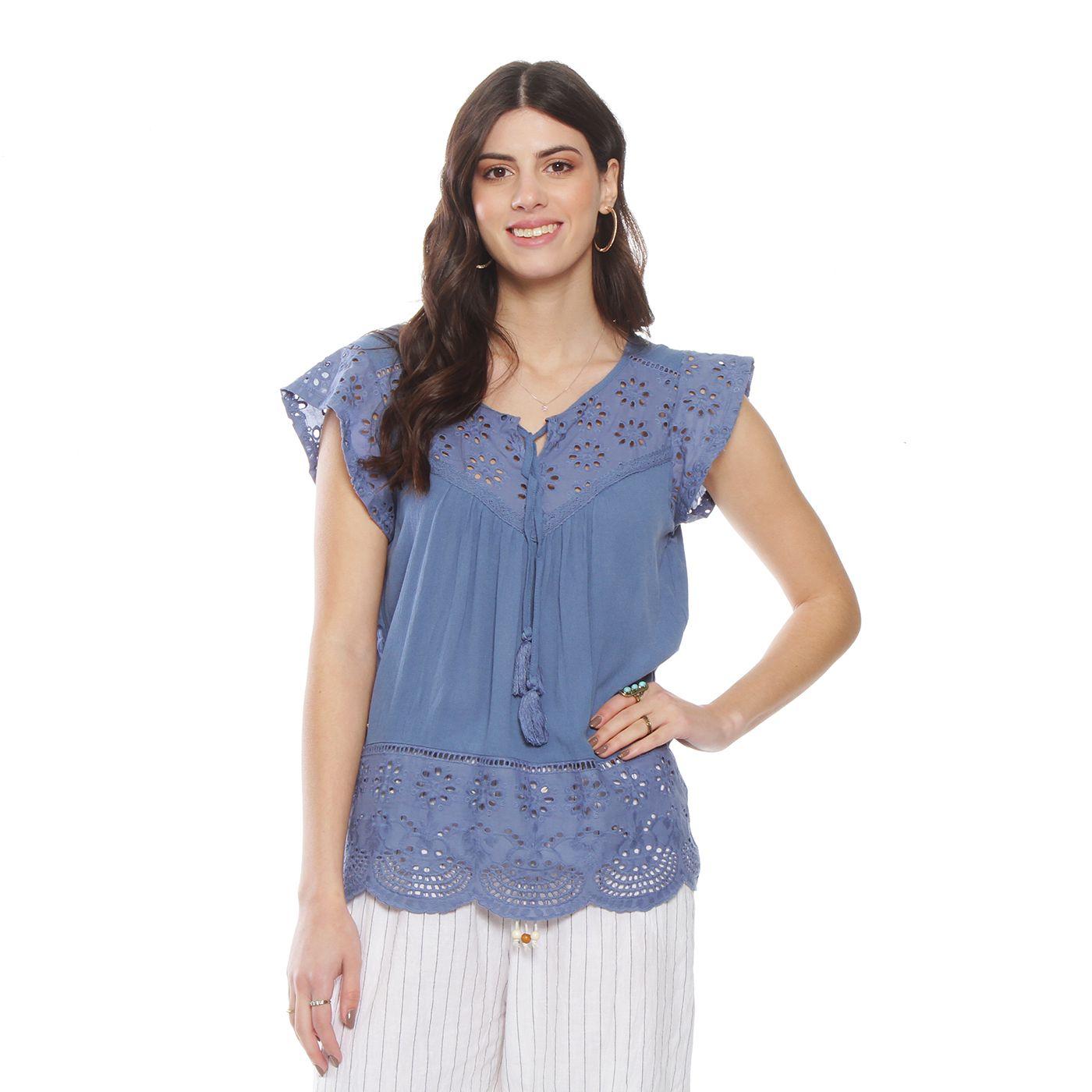 Blusa Manga Corta Con Brodery En Manga Escote Y Ruedo Escote Redondo-2
