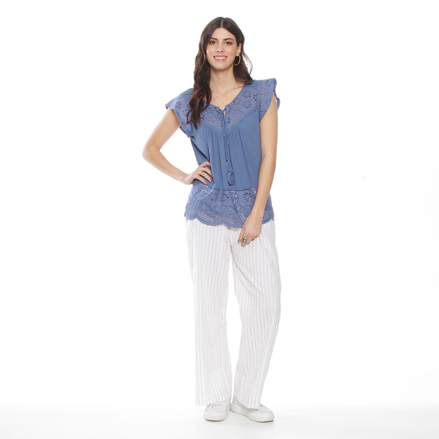 Blusa Manga Corta Con Brodery En Manga Escote Y Ruedo Escote Redondo-4