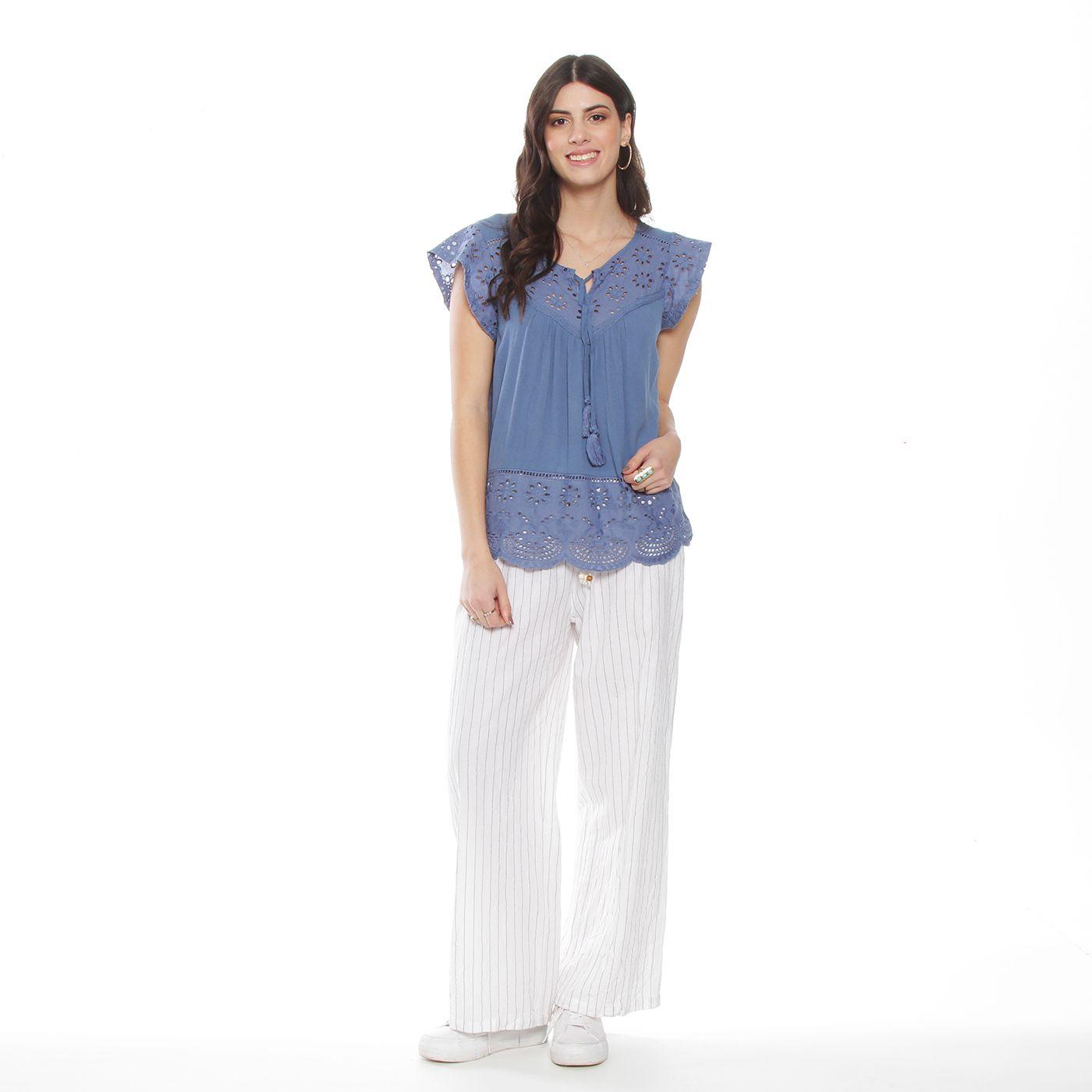 Blusa Manga Corta Con Brodery En Manga Escote Y Ruedo Escote Redondo-5