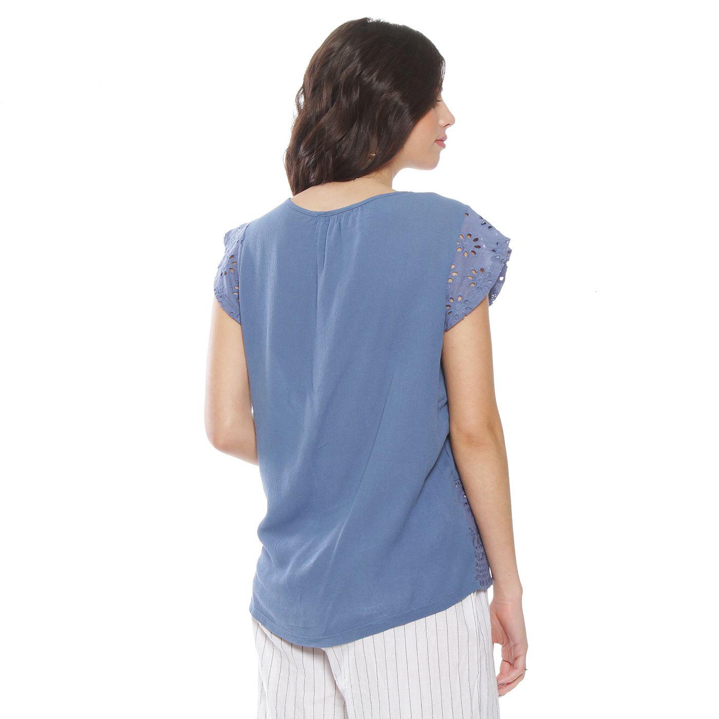 Blusa Manga Corta Con Brodery En Manga Escote Y Ruedo Escote Redondo-6