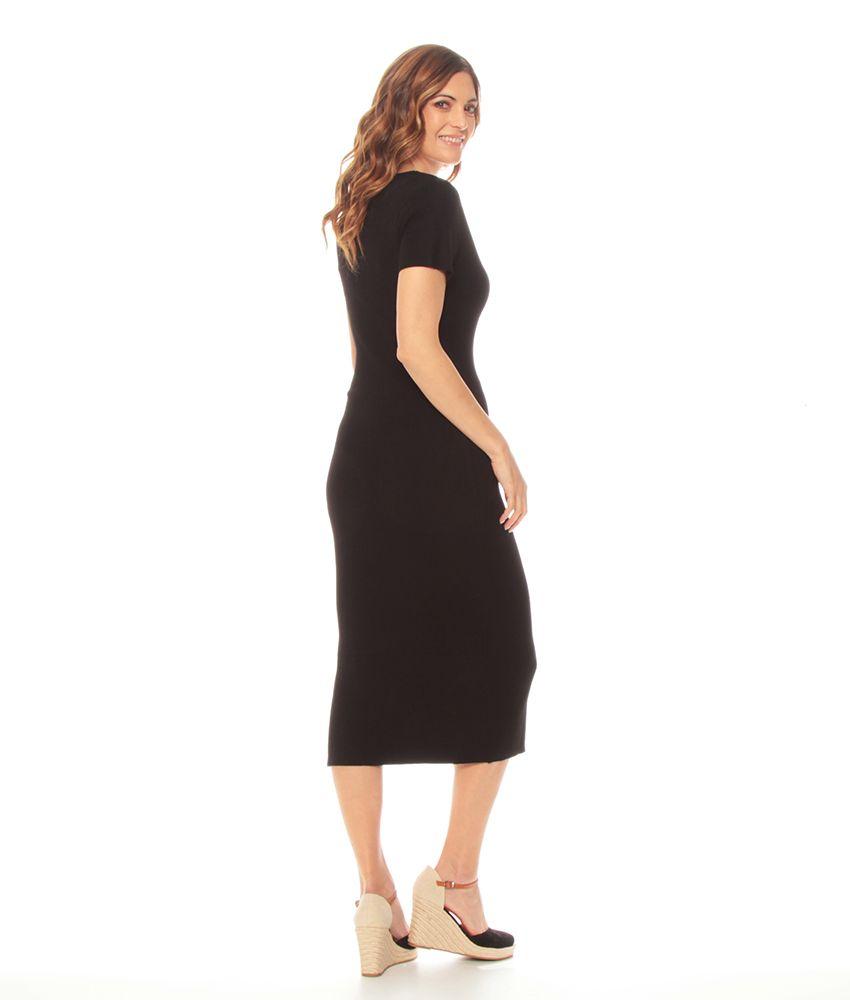 Vestido Largo Punto Manga Corta Solido Escote V-2