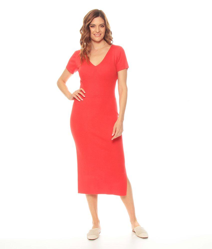 Vestido Largo Punto Manga Corta Solido Escote V-0