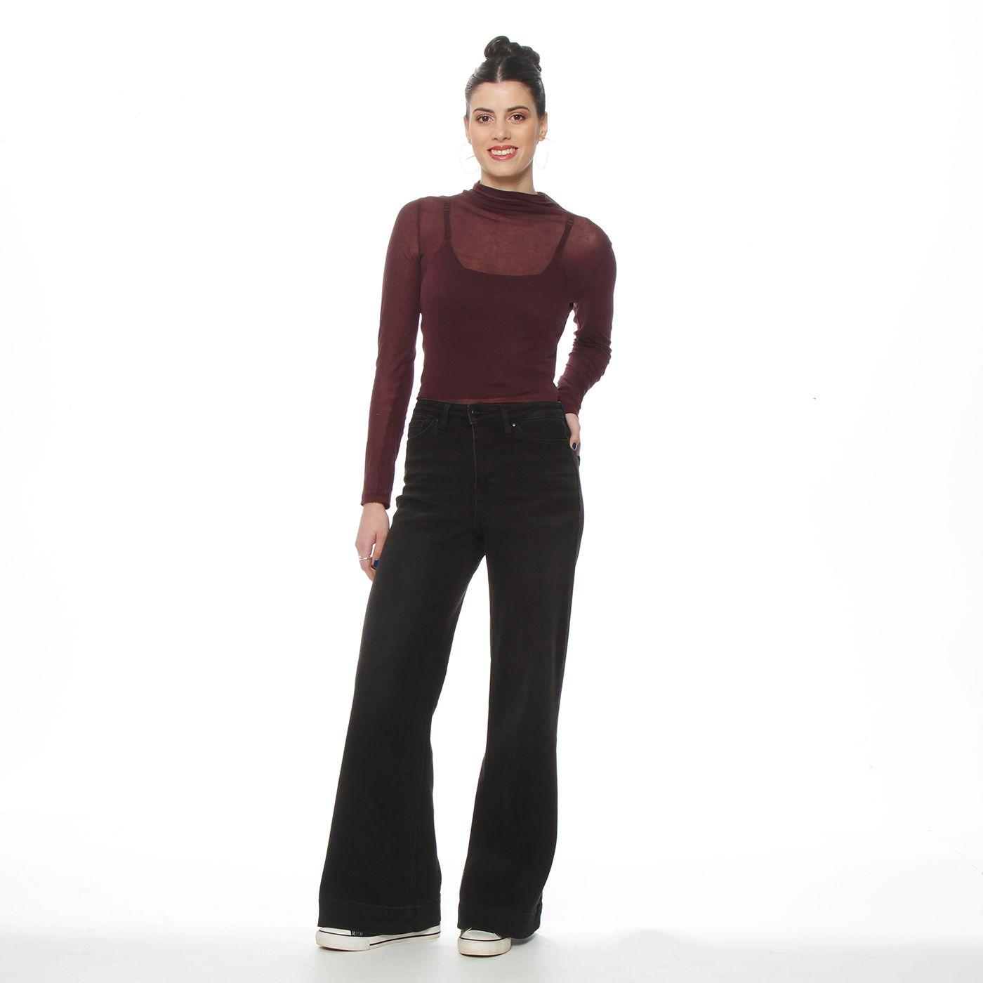 Jeans Wide Leg Tiro Alto Pretina  Basica 1 Boton-3