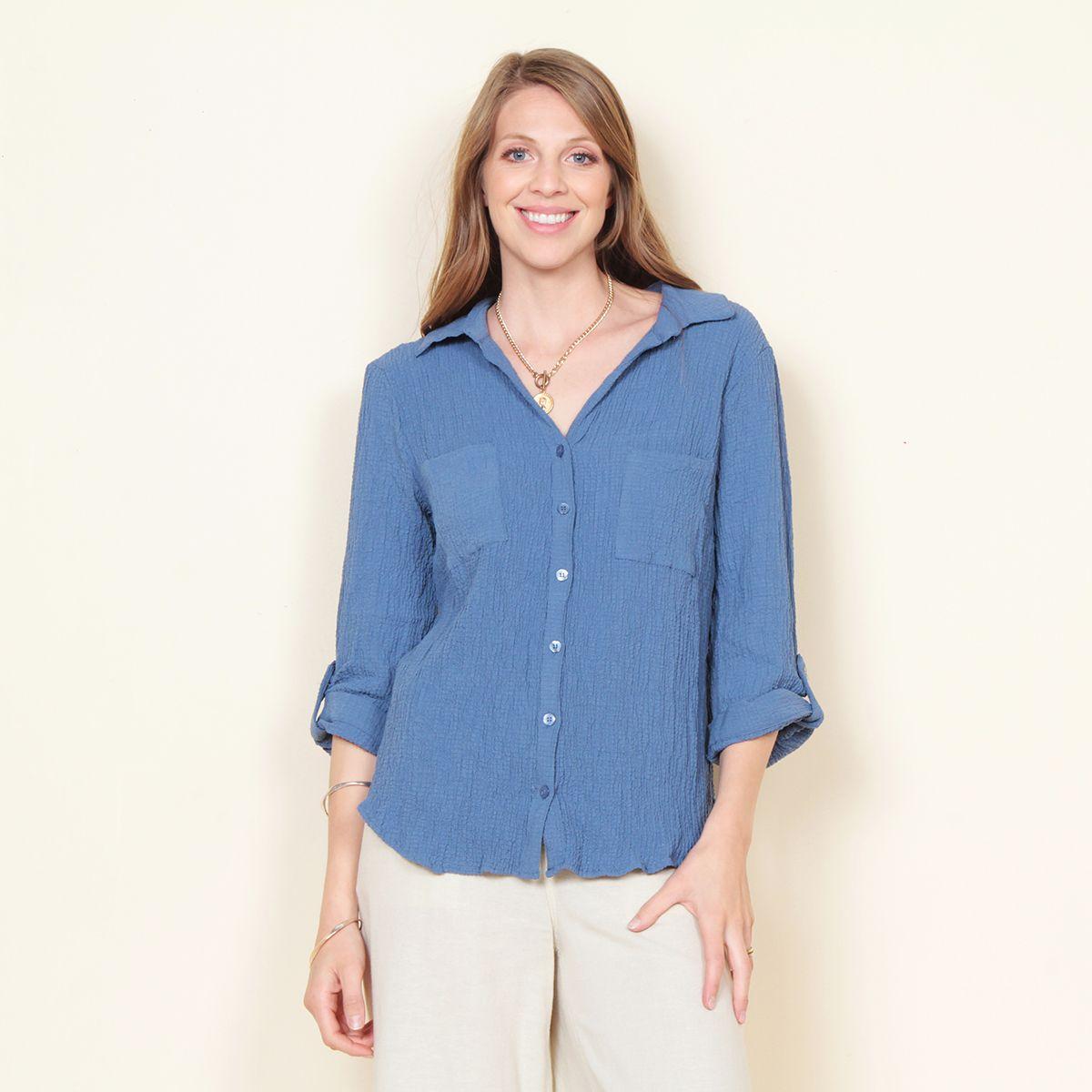 Blusa Solid Manga Larga Ajustable Cuello Camisero Bollsillo Delantero-0