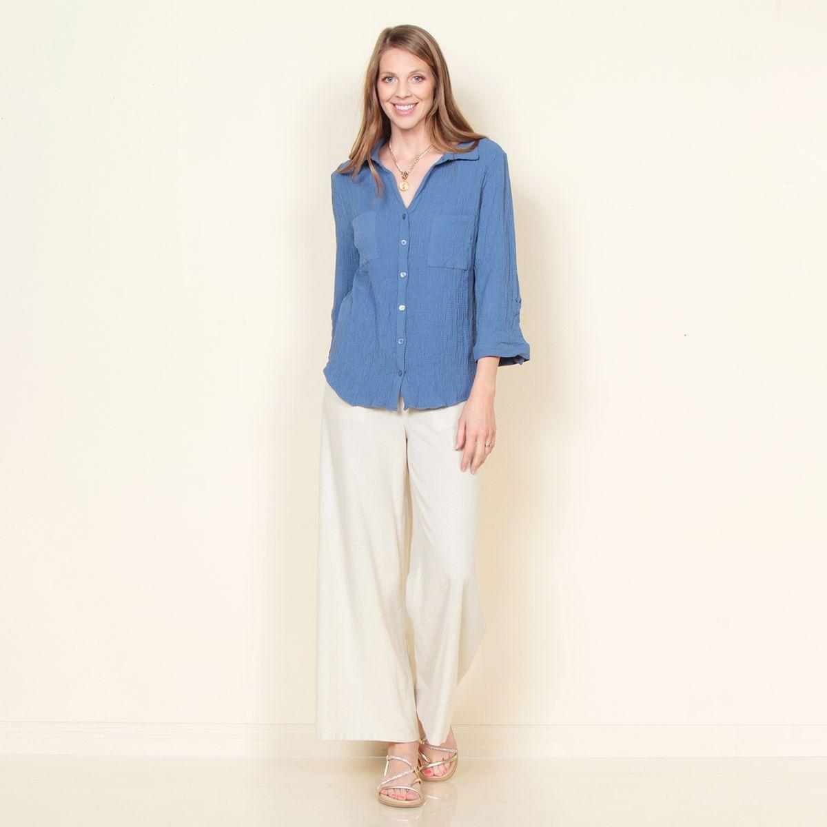 Blusa Solid Manga Larga Ajustable Cuello Camisero Bollsillo Delantero-1