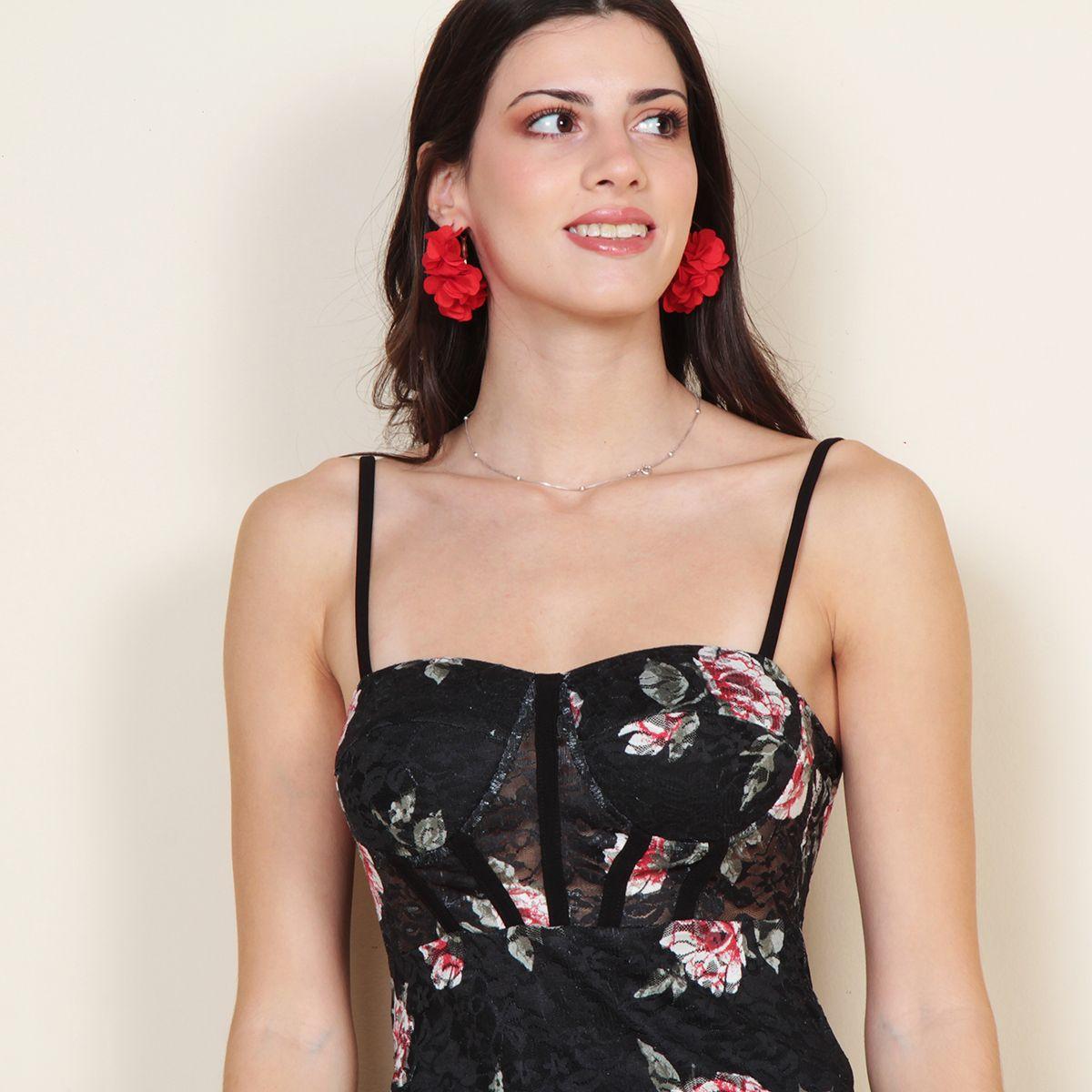 Vestido Sin Manga Tirantes Ajustable Estampado Detalle Con Encaje-3