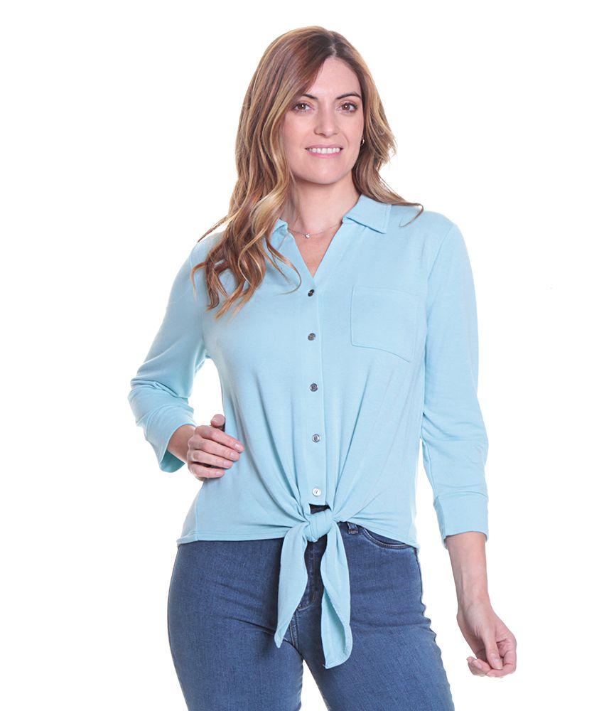 Blusa  M/larga  Cuello Camisero Botones Delantero Amarra En Cintura-0