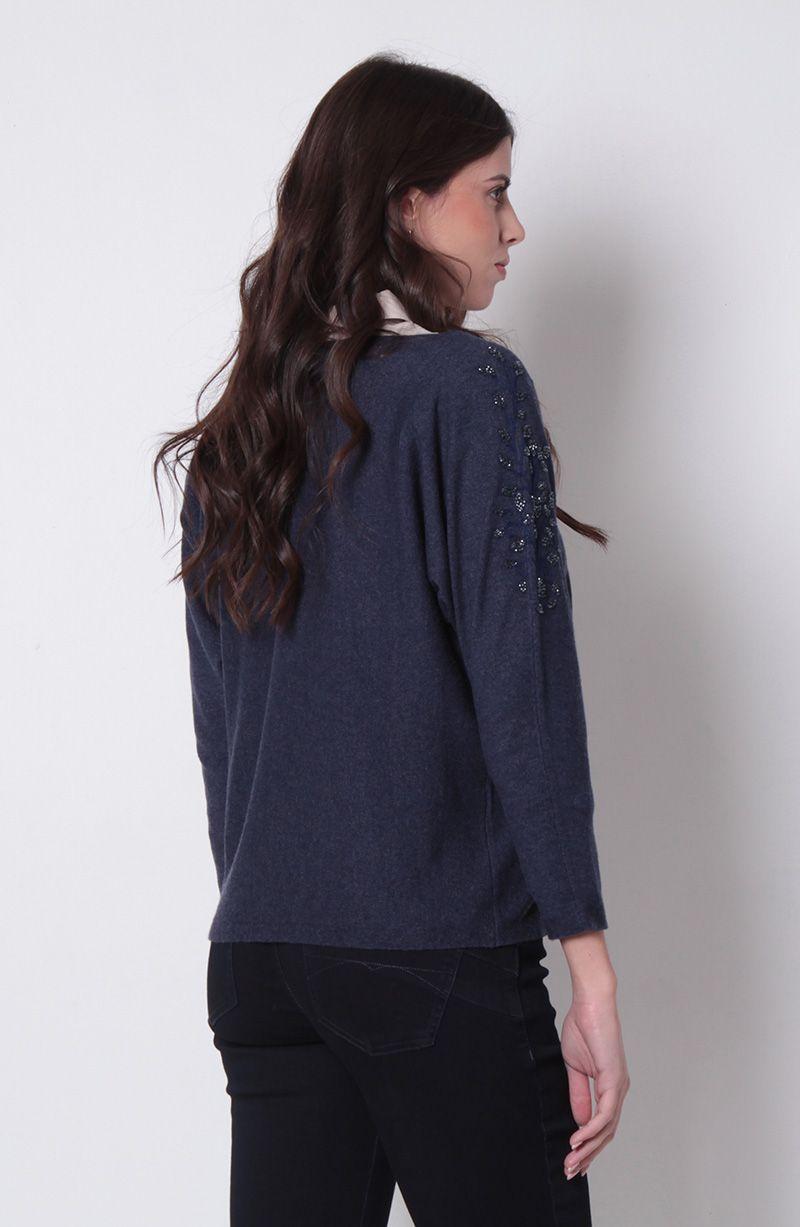 Sweater Manga 3/4 Escote Bote Con Aplicacion En Mangas-2