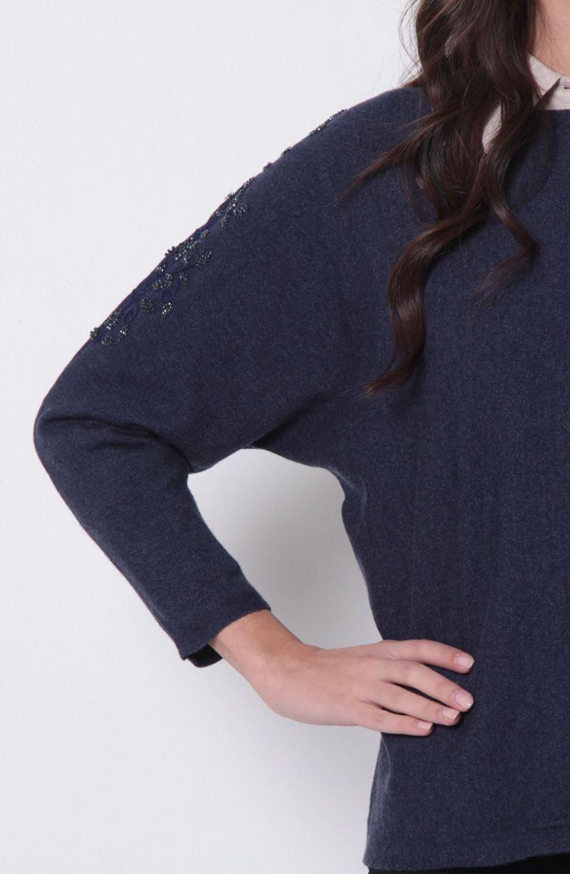 Sweater Manga 3/4 Escote Bote Con Aplicacion En Mangas-4