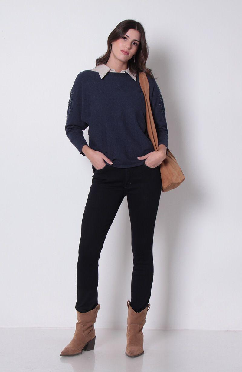 Sweater Manga 3/4 Escote Bote Con Aplicacion En Mangas-5