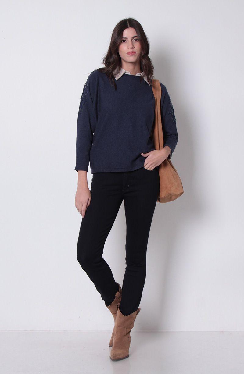 Sweater Manga 3/4 Escote Bote Con Aplicacion En Mangas-6