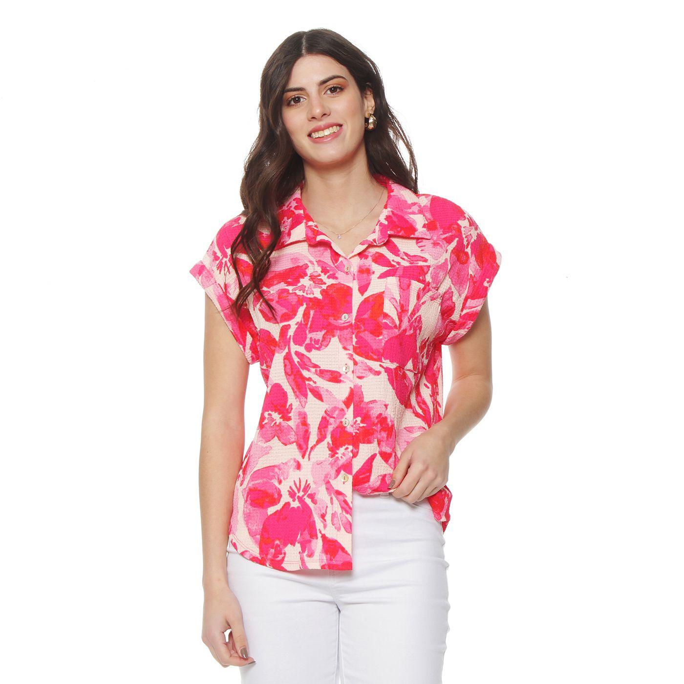 Blusa Manga Corta Estampada Abotonada En Delantero Con Bolsillo-2