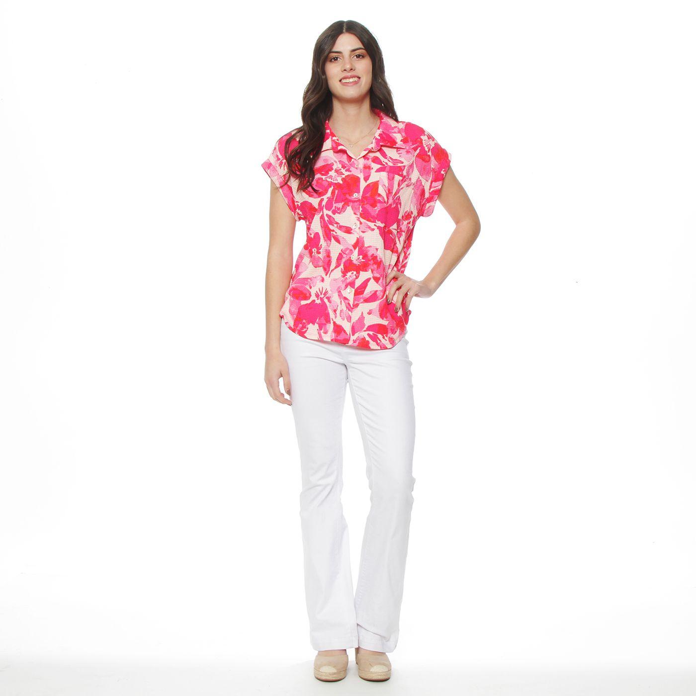 Blusa Manga Corta Estampada Abotonada En Delantero Con Bolsillo-3