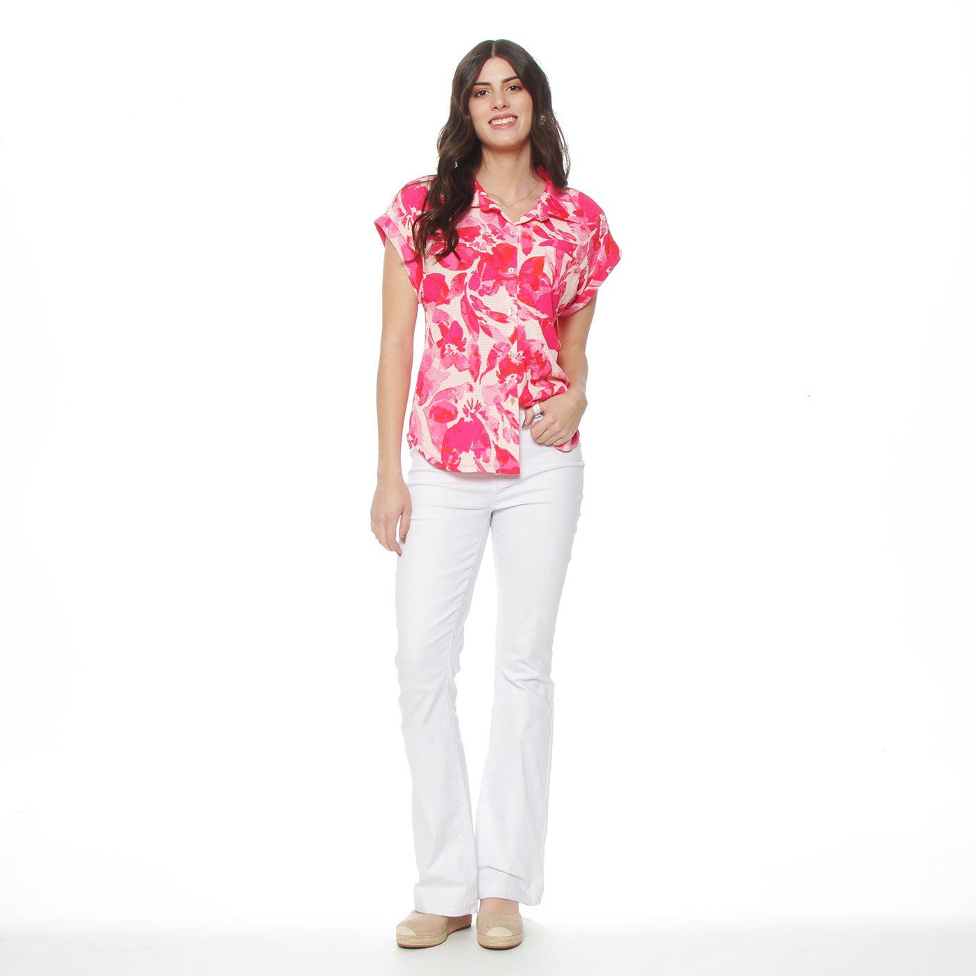 Blusa Manga Corta Estampada Abotonada En Delantero Con Bolsillo-4