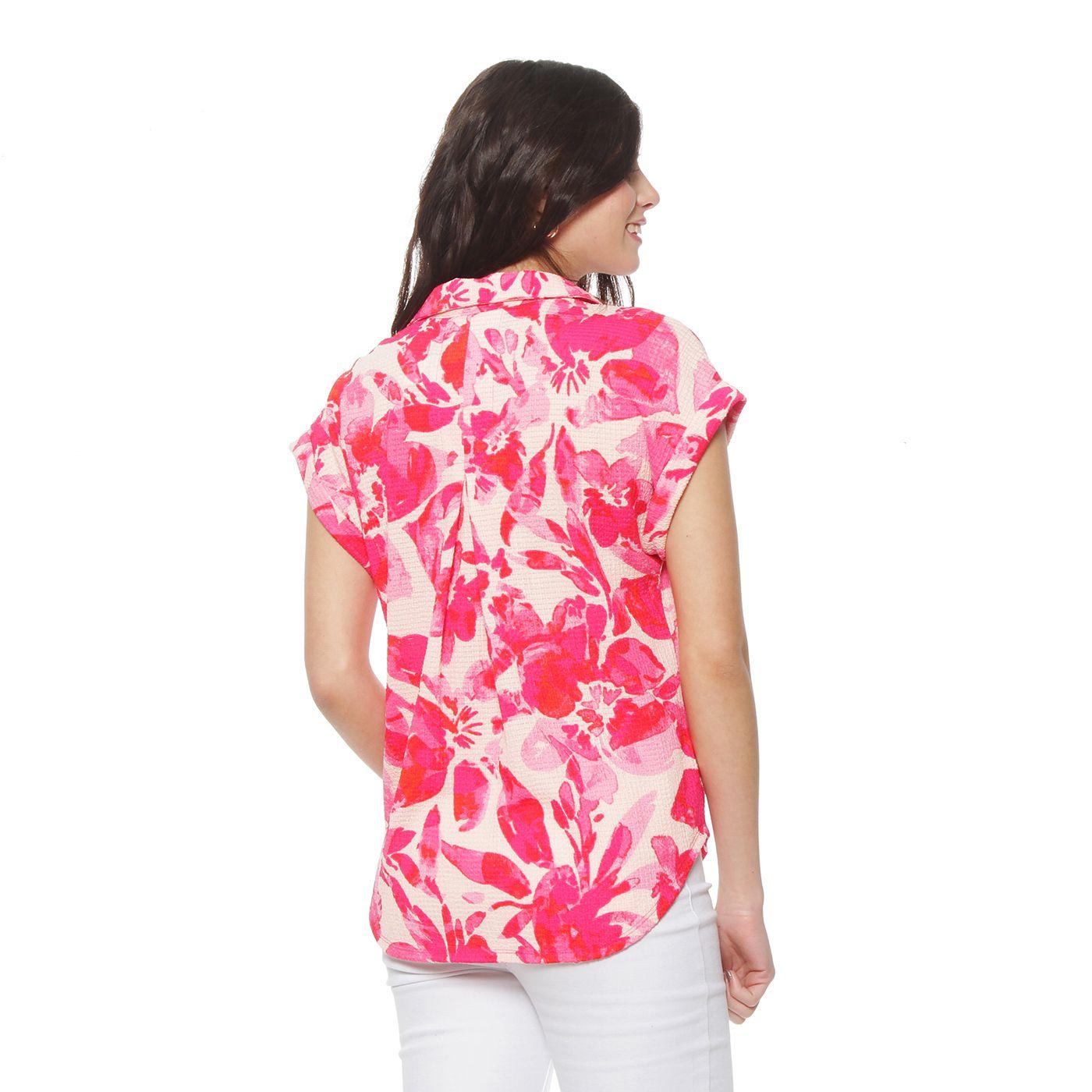 Blusa Manga Corta Estampada Abotonada En Delantero Con Bolsillo-5