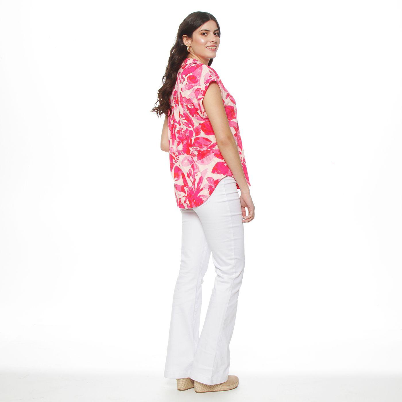 Blusa Manga Corta Estampada Abotonada En Delantero Con Bolsillo-6