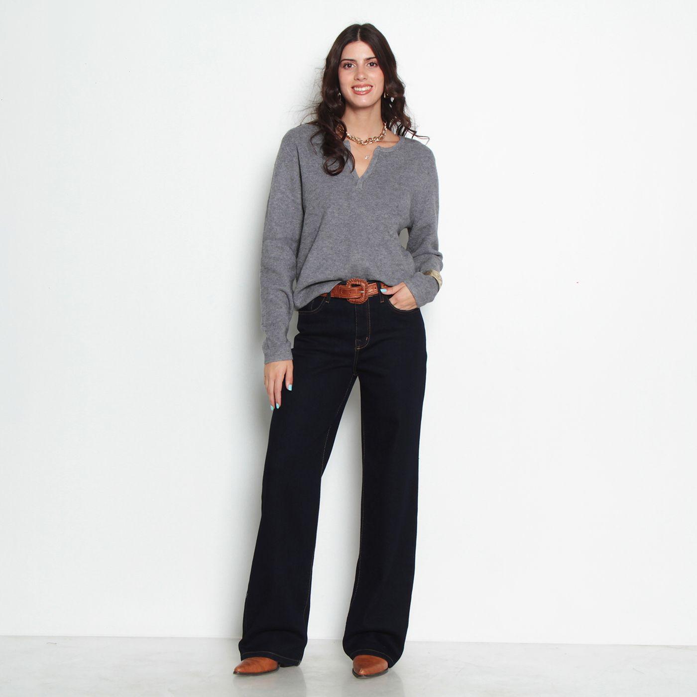 Jeans Wide Leg Tiro Alto  Pretina Basica   1 Boton-5