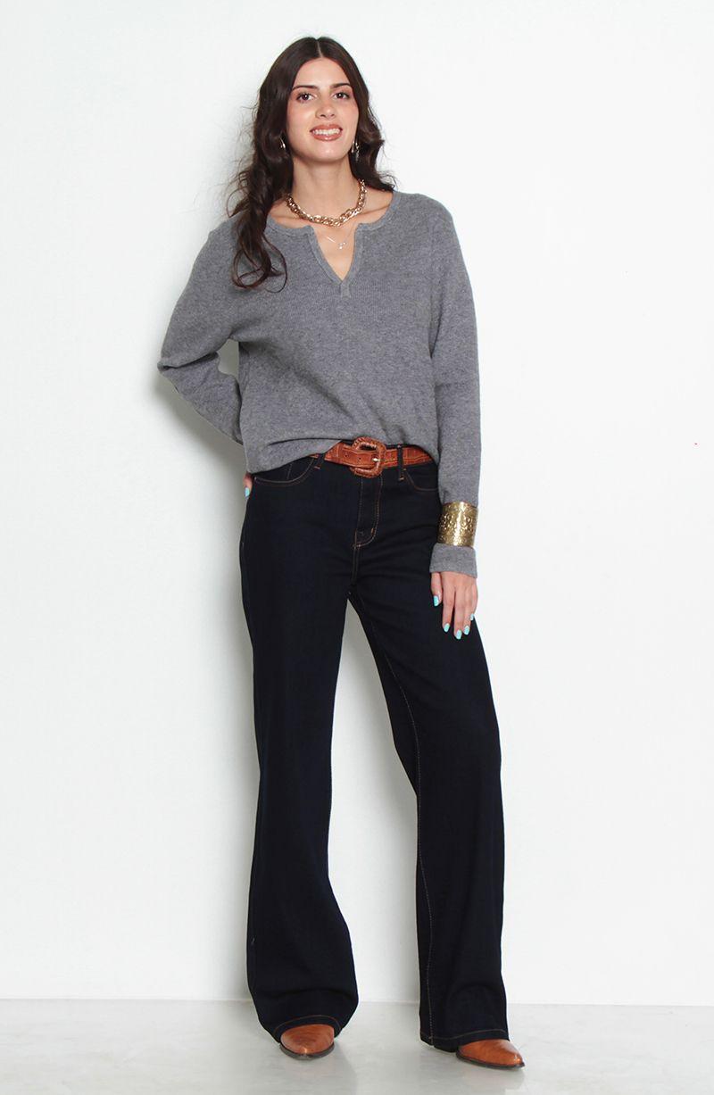Jeans Wide Leg Tiro Alto  Pretina Basica   1 Boton-8