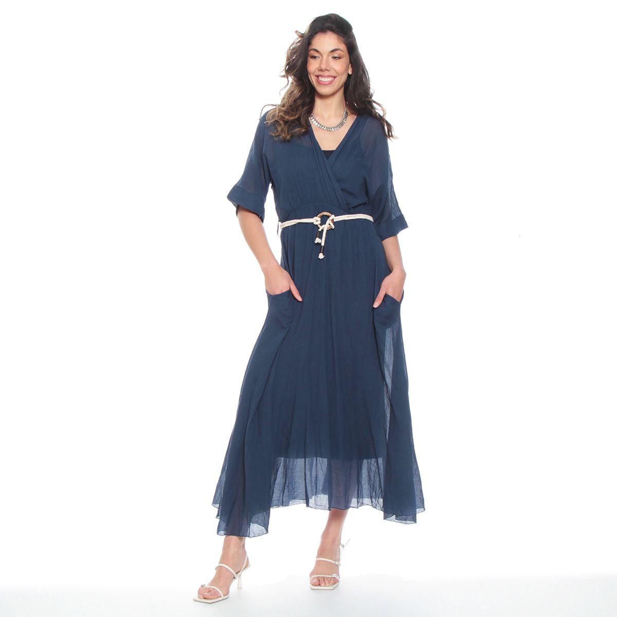 Vestido Manga Corta Solido Escote V Con Cinturon-0