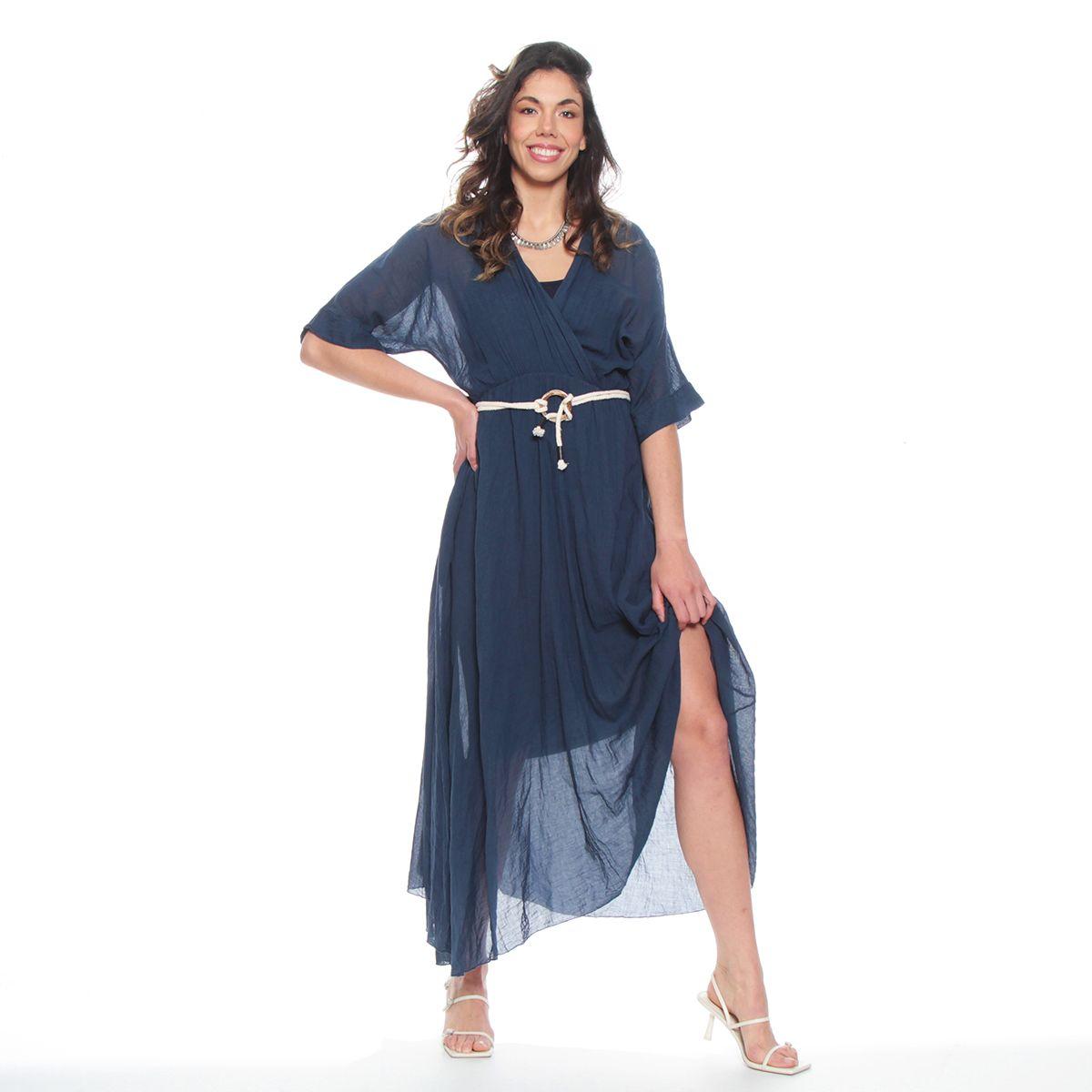 Vestido Manga Corta Solido Escote V Con Cinturon-2