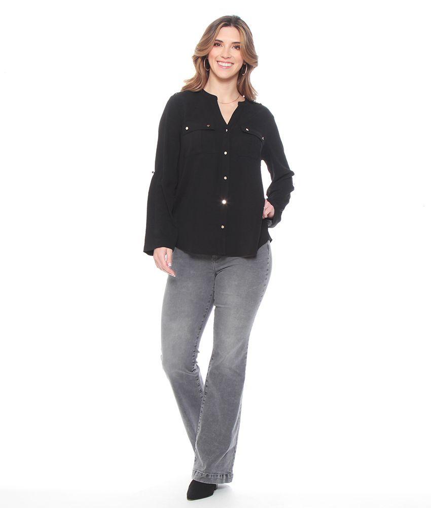 Blusa Manga Larga Solida Con Cuello Mao Y Bolsillos-7