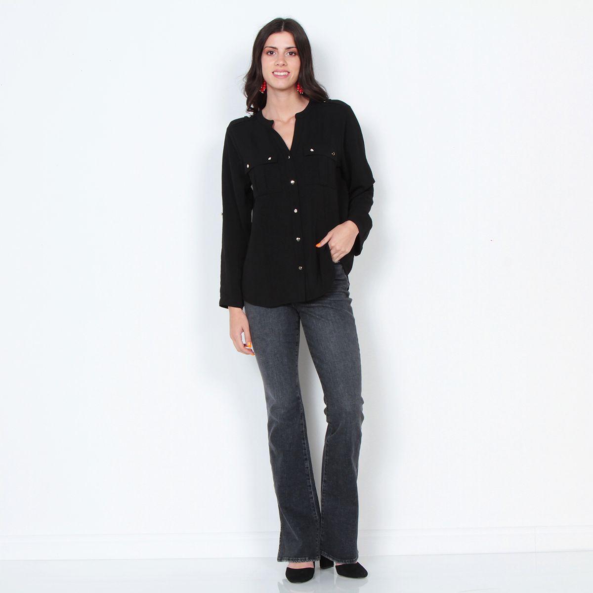 Blusa Manga Larga Solida Con Cuello Mao Y Bolsillos-4