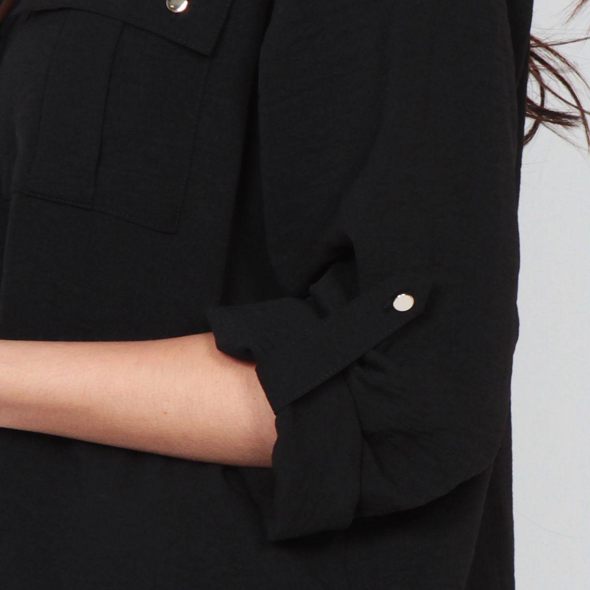 Blusa Manga Larga Solida Con Cuello Mao Y Bolsillos-5