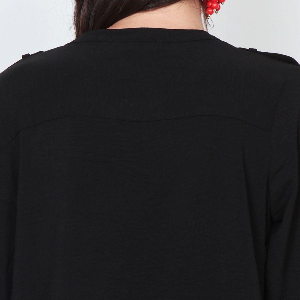 Blusa Manga Larga Solida Con Cuello Mao Y Bolsillos-7