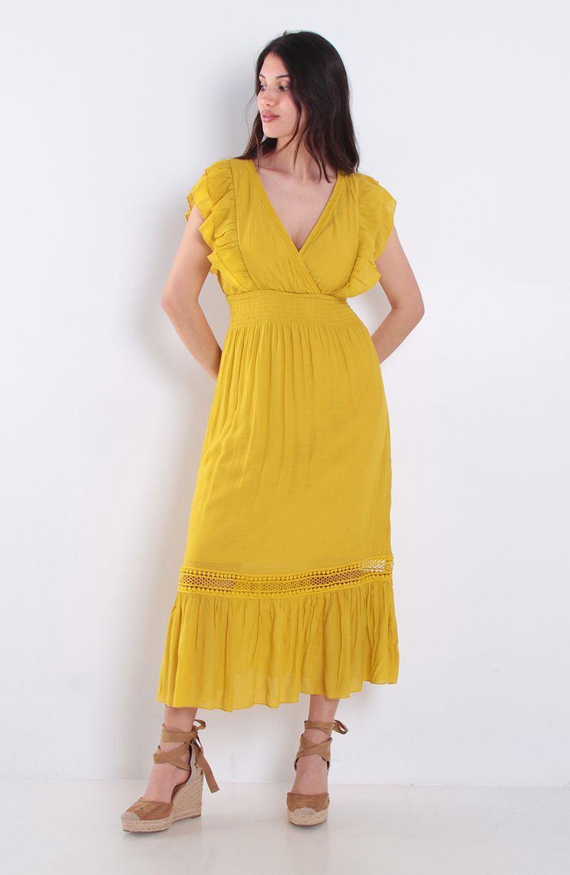 Vestido Manga Corta Escote V  Elasticado En Cintura-0