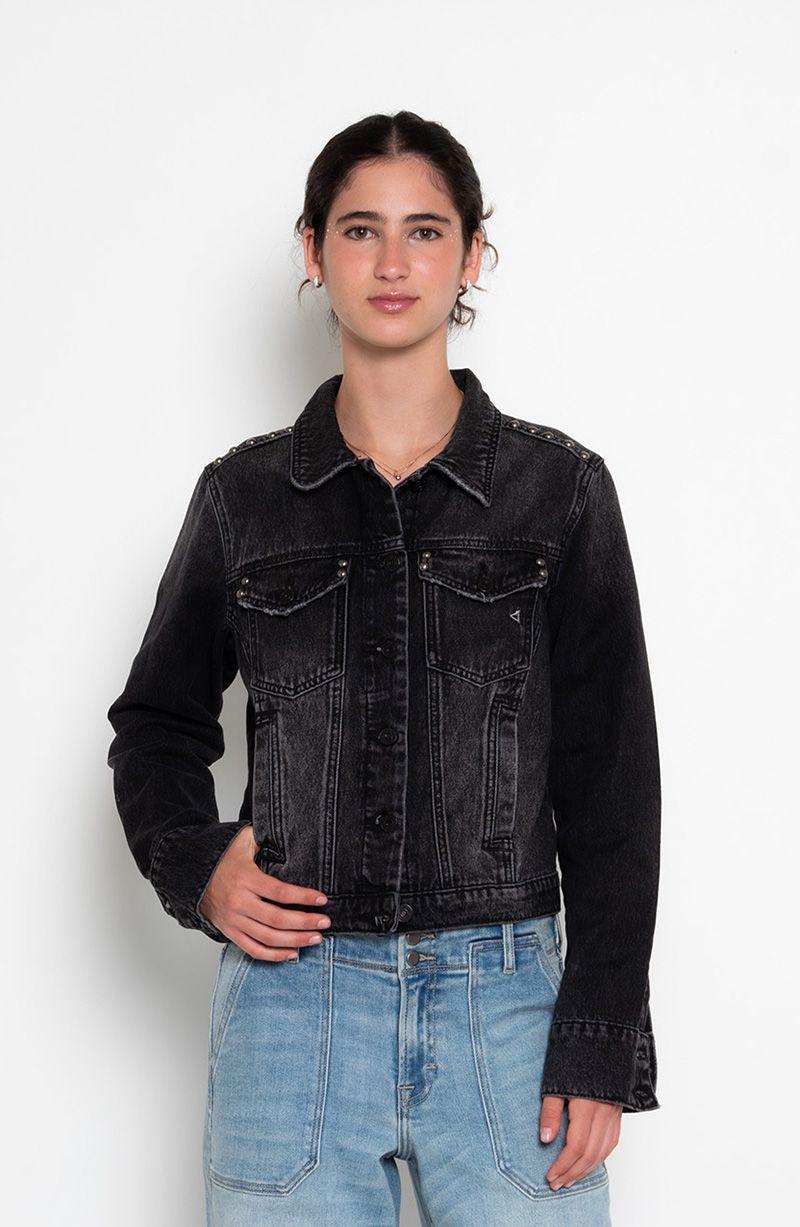Chaqueta Denim Manga Larga Con Tachas Abotonada En Delantero-1