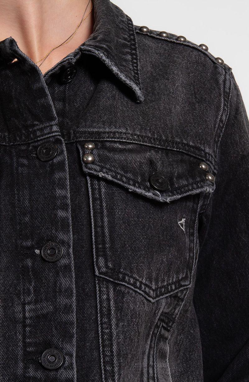 Chaqueta Denim Manga Larga Con Tachas Abotonada En Delantero-7