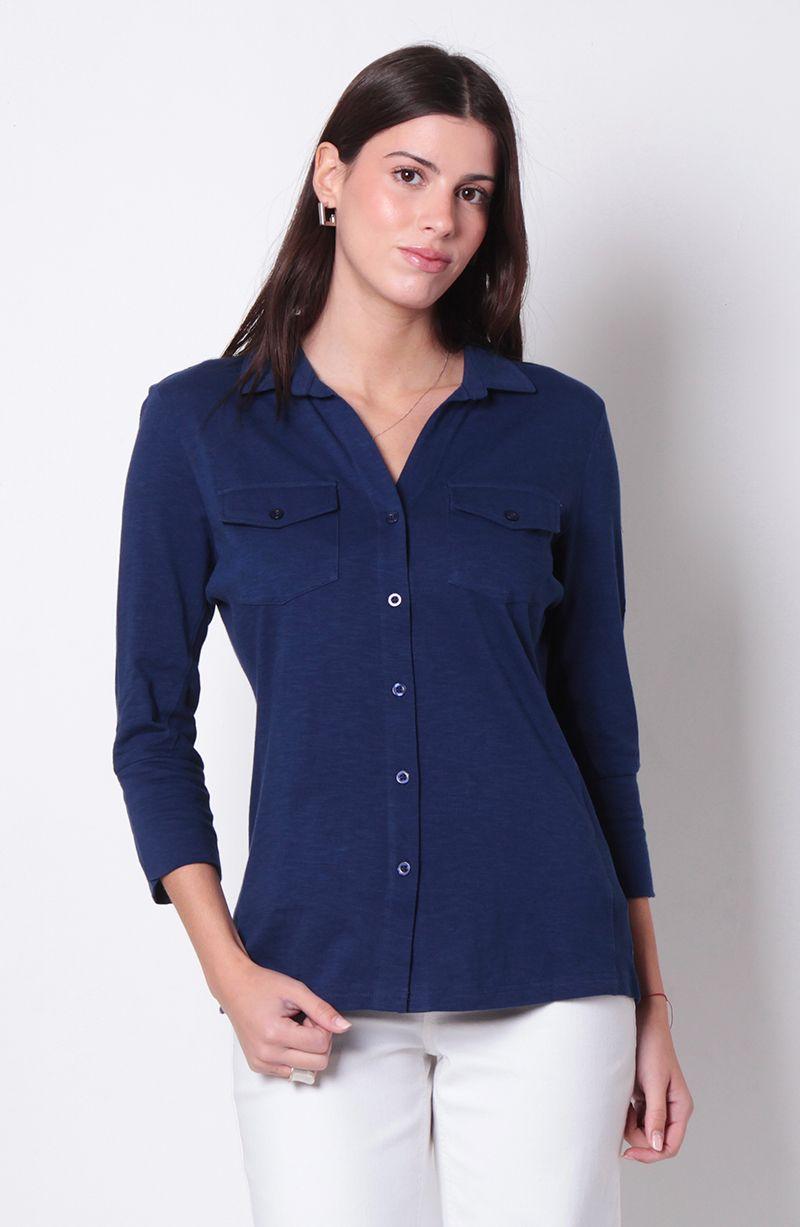 Blusa Manga 3/4 Abotonada En Delantero Con Rib En Costado-0