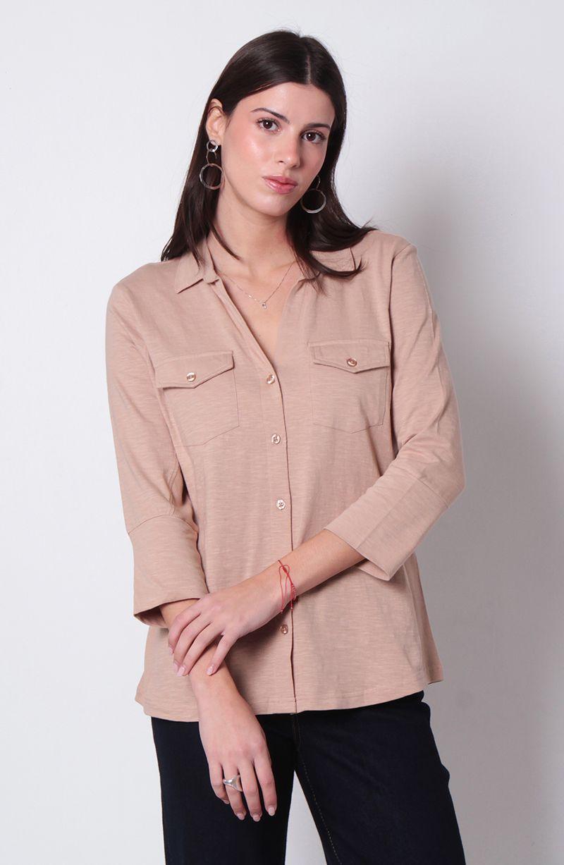 Blusa Manga 3/4 Abotonada En Delantero Con Rib En Costado-0