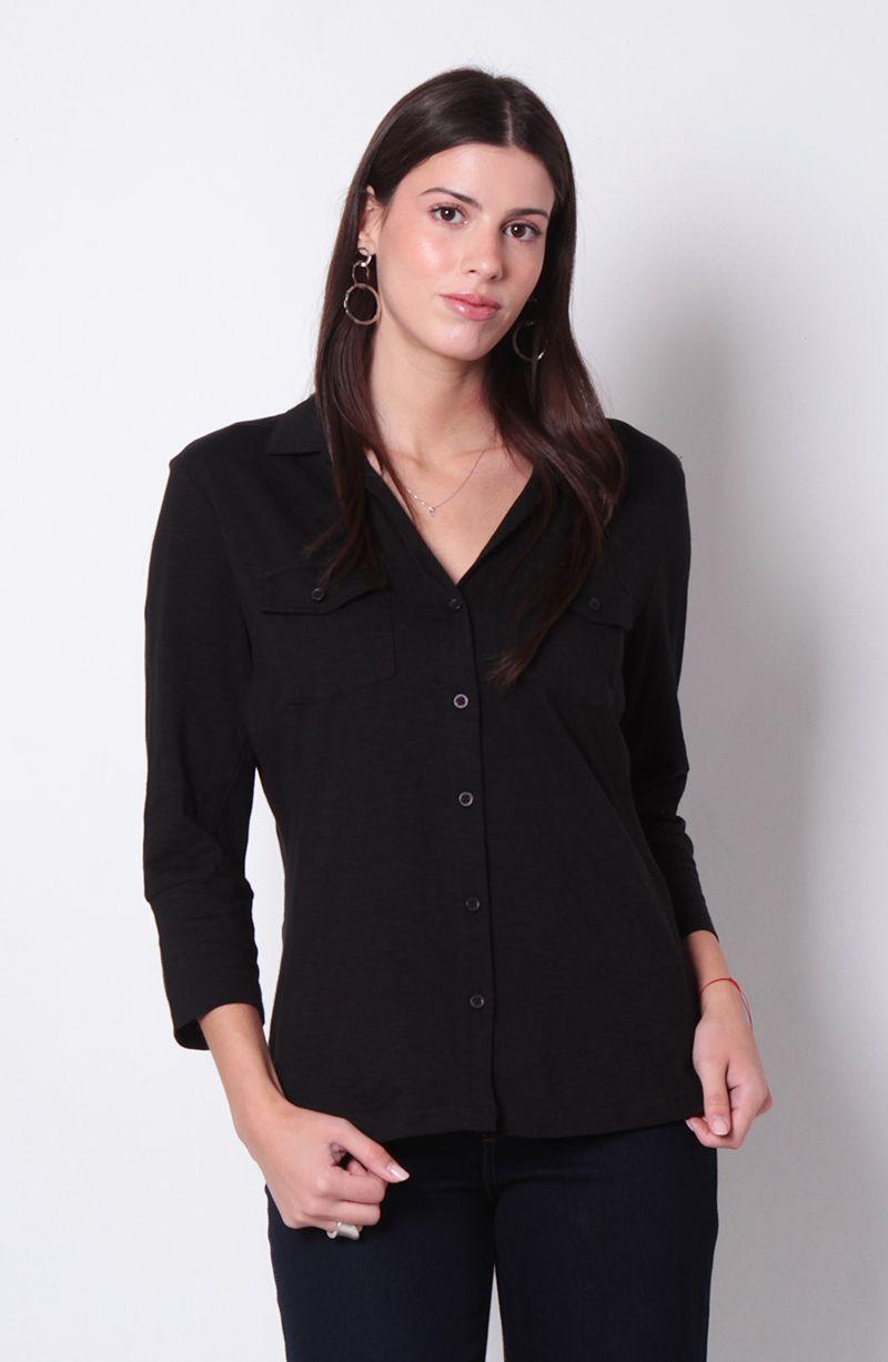 Blusa Manga 3/4 Abotonada En Delantero Con Rib En Costado-0