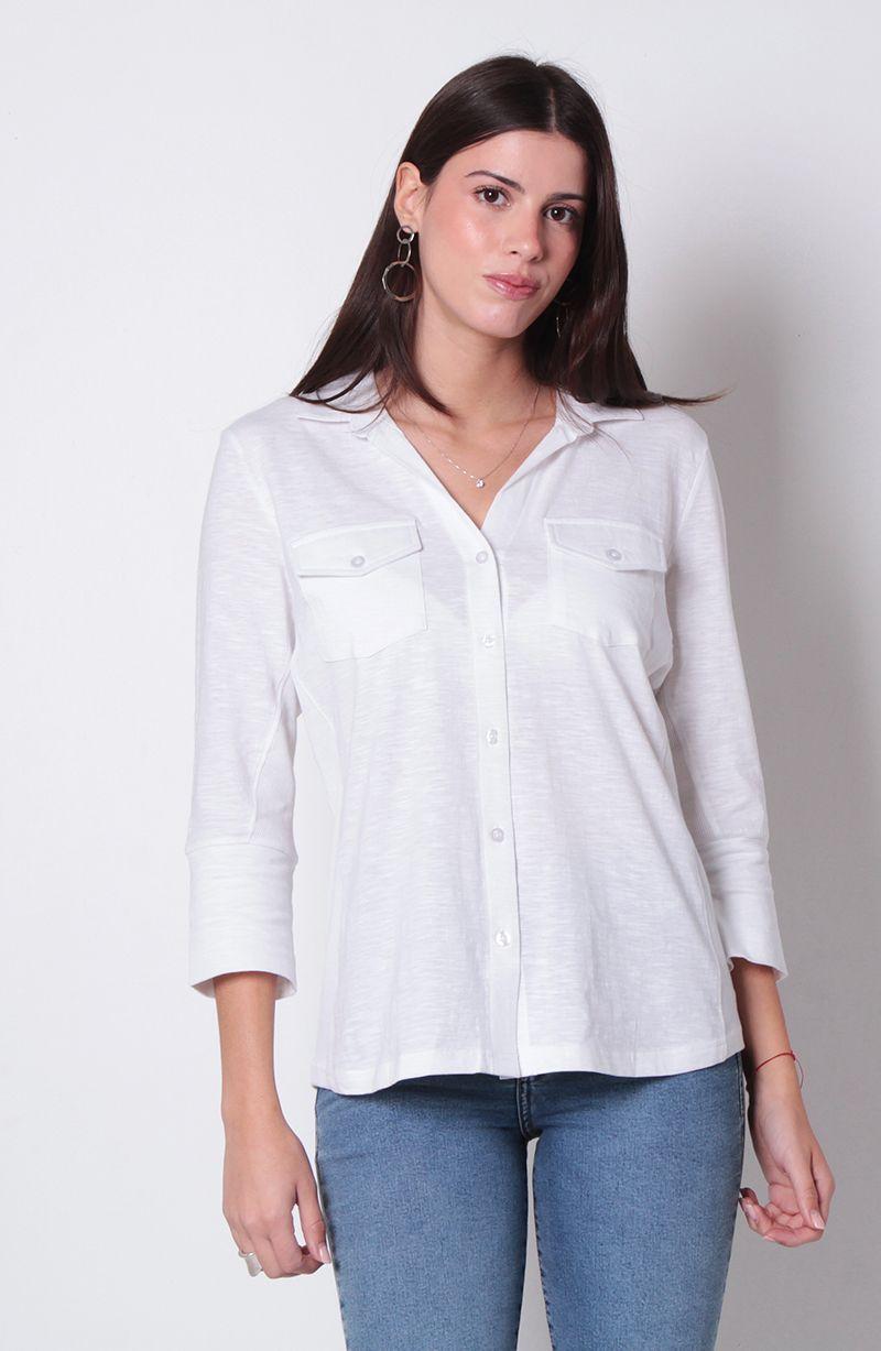 Blusa Manga 3/4 Abotonada En Delantero Con Rib En Costado-0