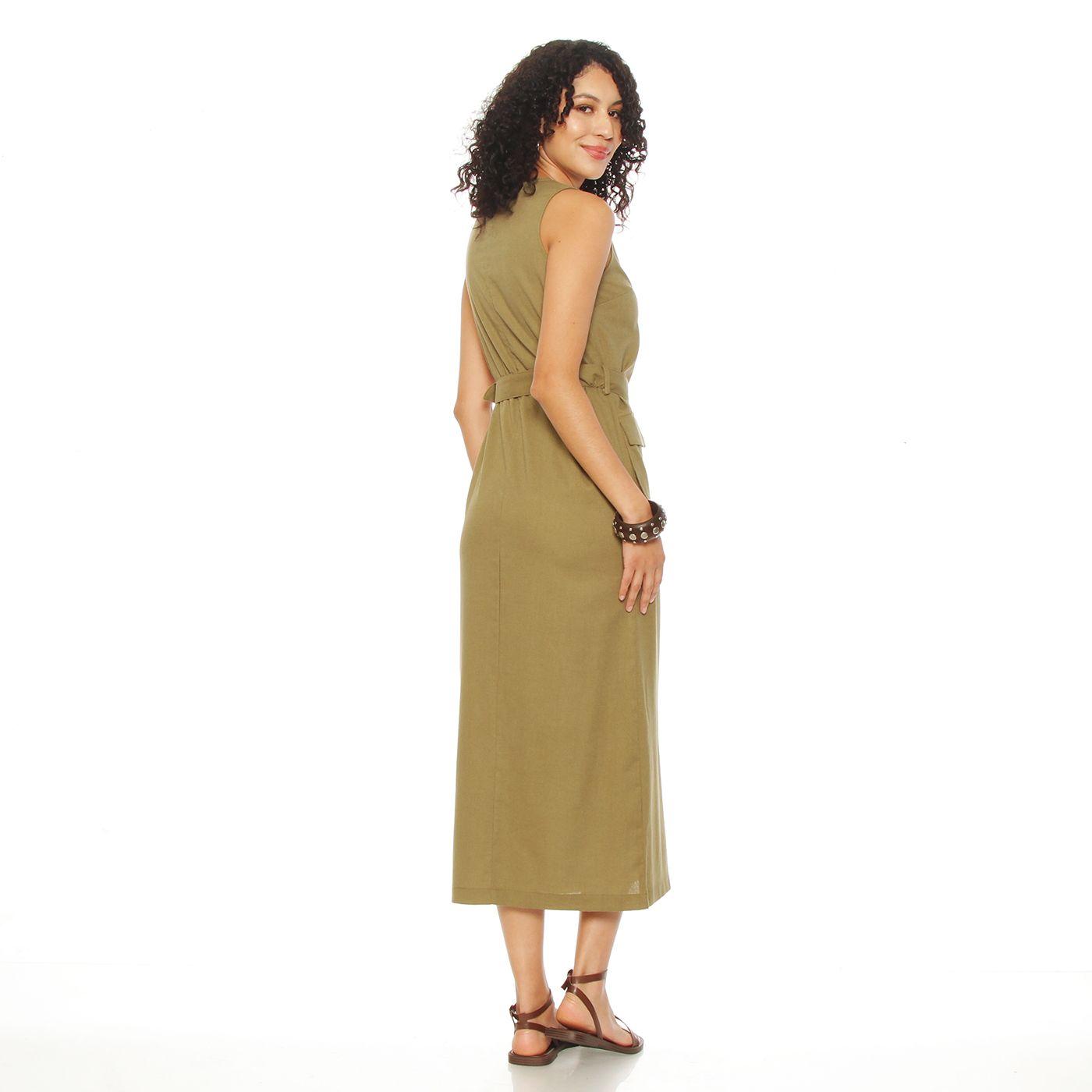 Vestido Sin Manga Escote V Con  Lazo En Cintura Y Bolsillos-5