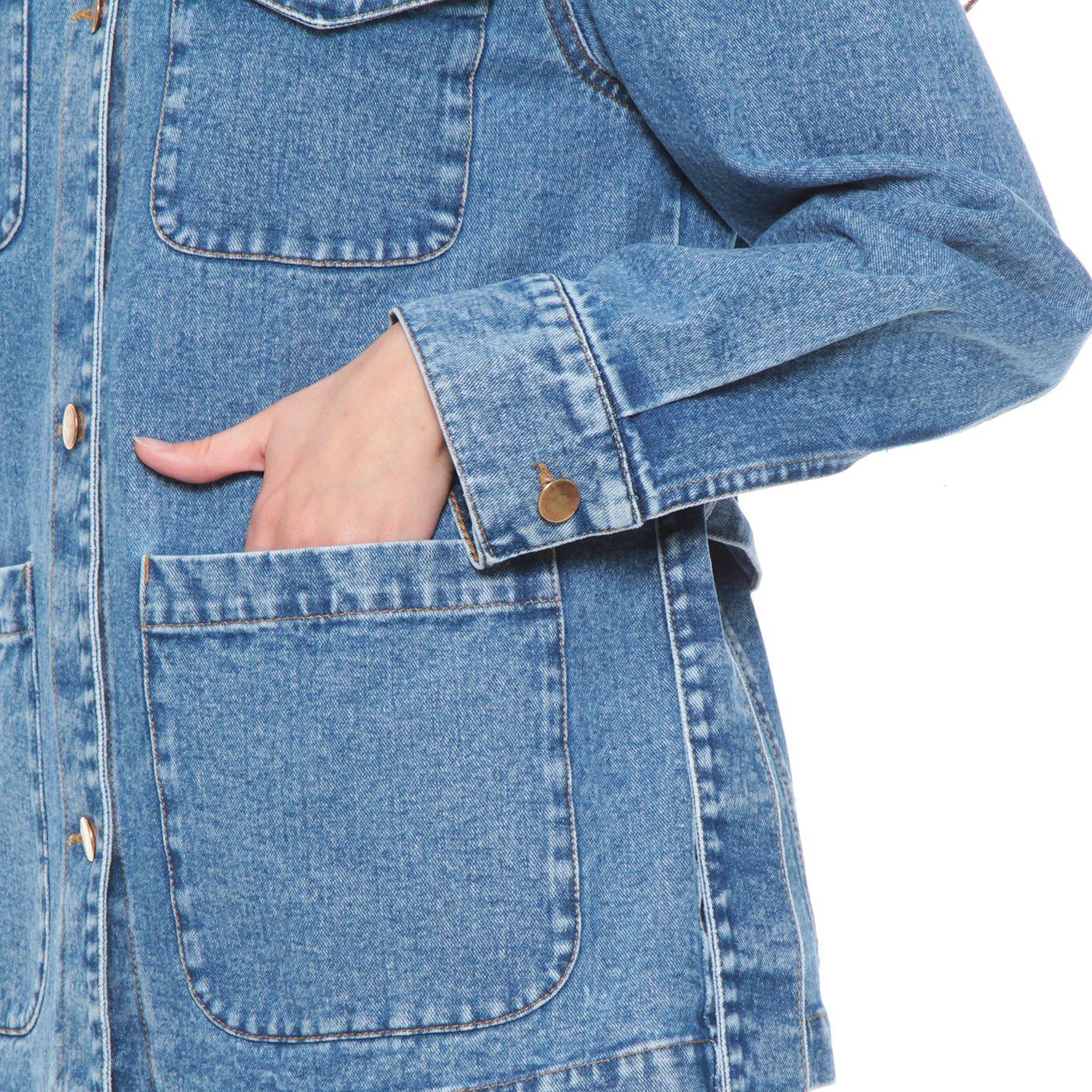 Chaqueta Manga Larga Denim Abotonada En Delantero Con Lazo En Cintura-3