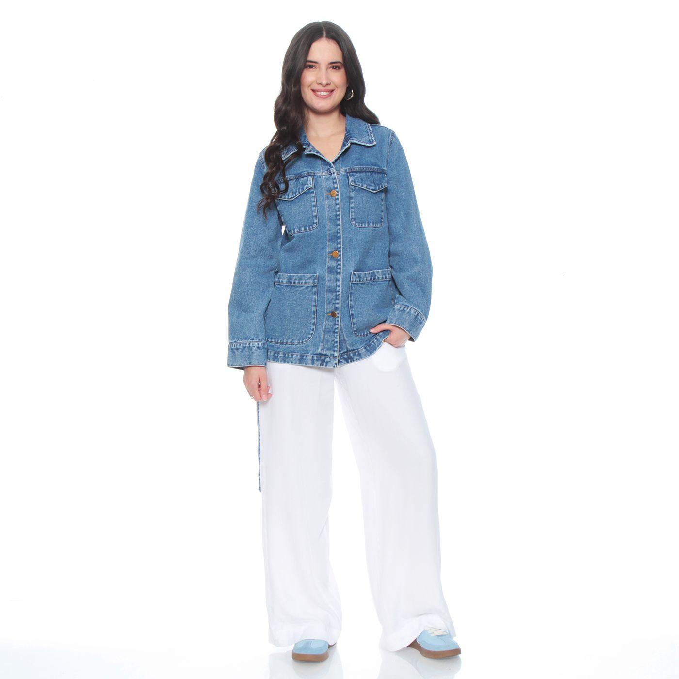 Chaqueta Manga Larga Denim Abotonada En Delantero Con Lazo En Cintura-4