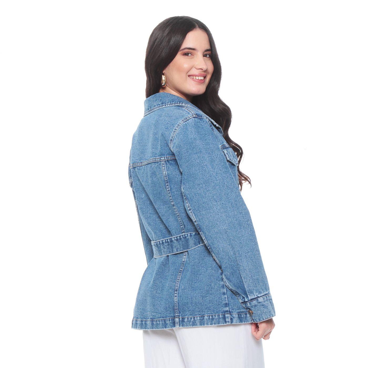 Chaqueta Manga Larga Denim Abotonada En Delantero Con Lazo En Cintura-7