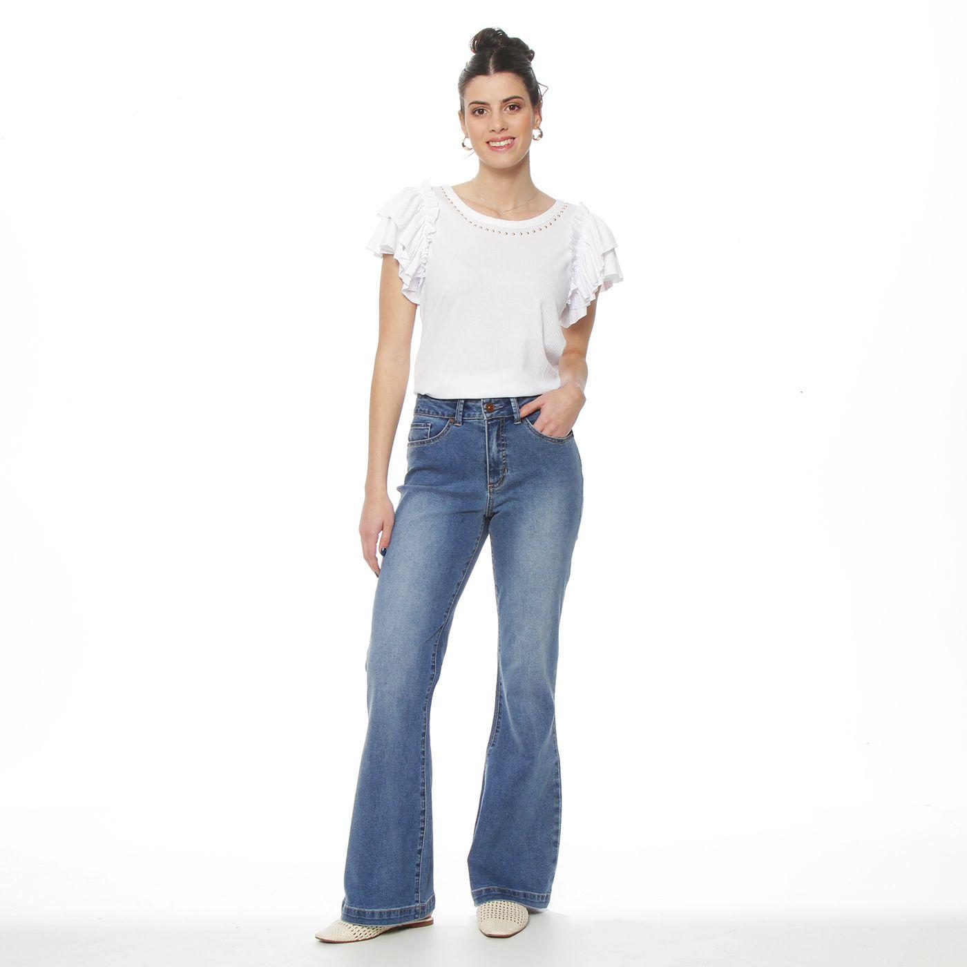 Jeans  Flare Tiro Alto Pretina Basica 1 Boton-1