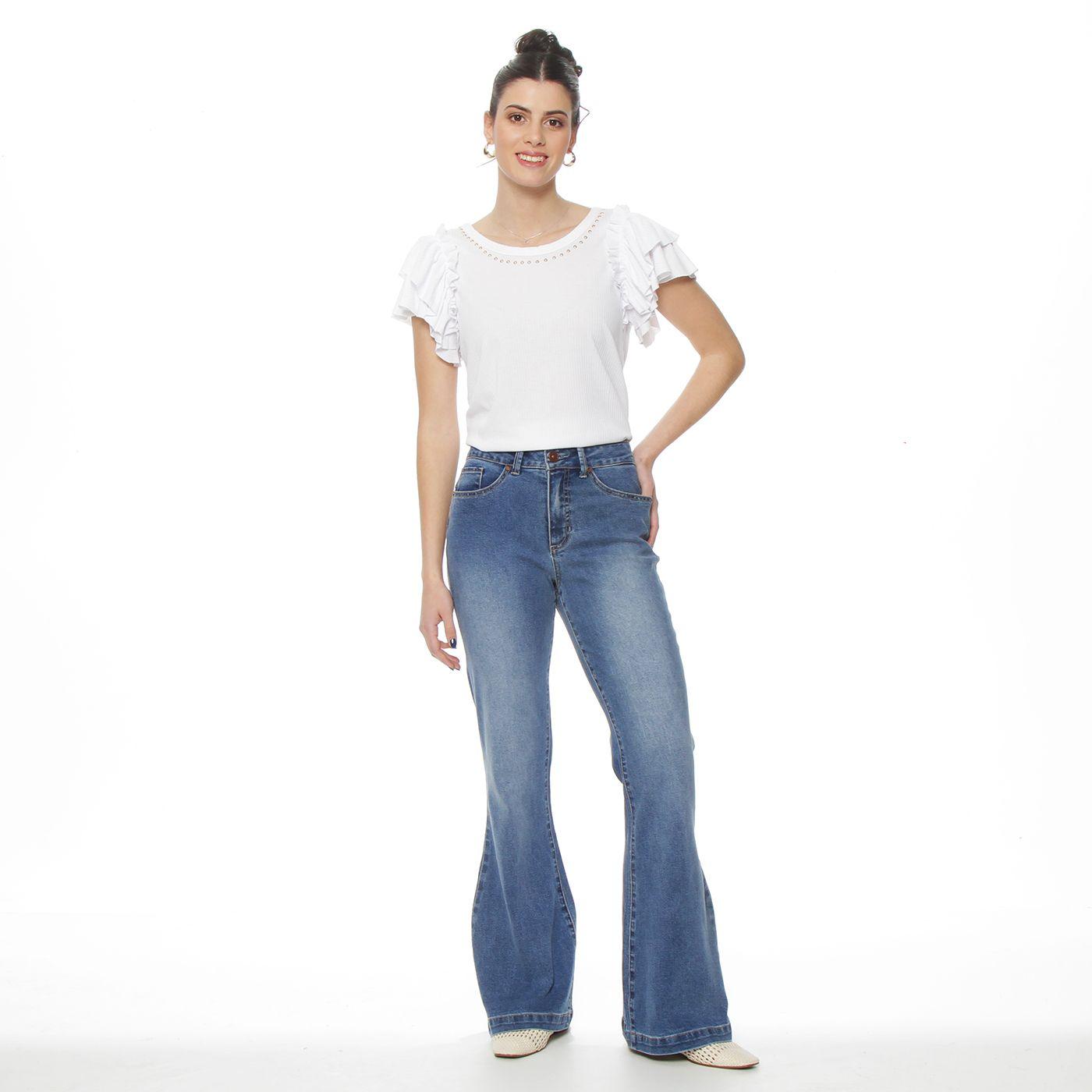 Jeans  Flare Tiro Alto Pretina Basica 1 Boton-2