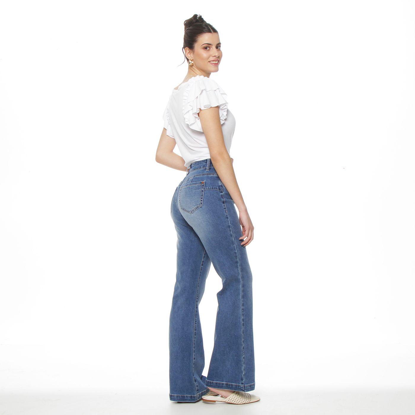 Jeans  Flare Tiro Alto Pretina Basica 1 Boton-4