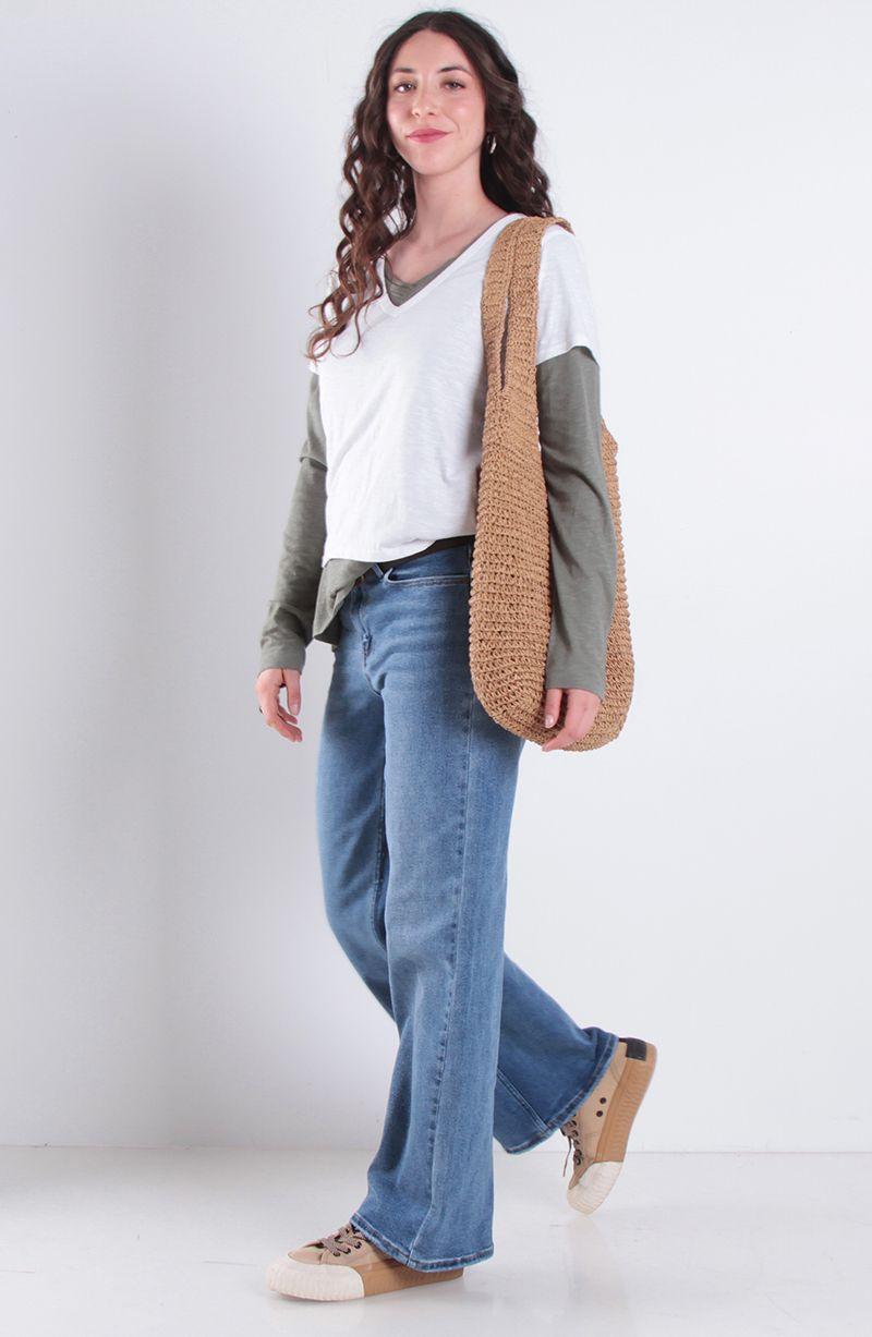 Jeans Wide Leg Tiro Alto Pretina Basica 1 Boton-5