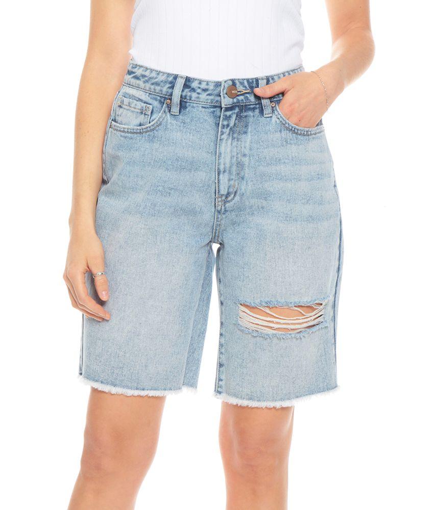 Bermuda Denim Pretina Basica Un Boton Basta Desflecada Y Rotura-2